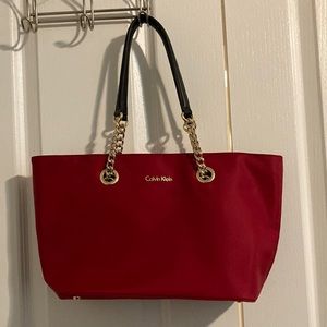 Calvin Klein, tote purse, red, chain straps, zipper closure, please read info